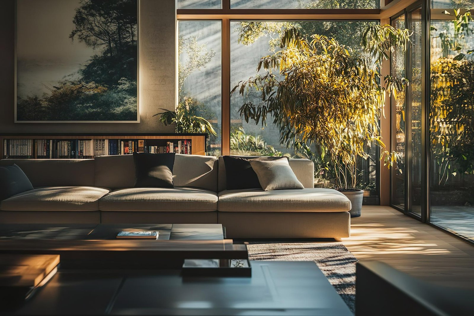 Sunlit contemporary living room with floor-to-ceiling windows and indoor plants